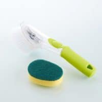 Пласмассовая щетка для мытья посуды с ручкой, дозатором моющего средства и губкой