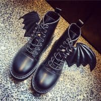 Ботинки черные женские с крыльями, по щиколотку, на шнуровке, на толстой подошве, демисезонные/зимние