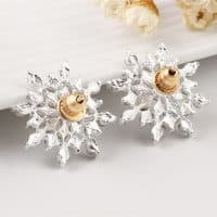 Серьги-гвоздики-пусеты в виде снежинок под золото и серебро с кристаллами-камнями