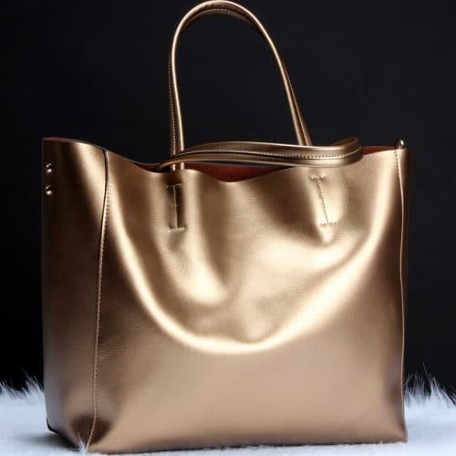 Большая женская сумка из натуральной кожи цвета металлик