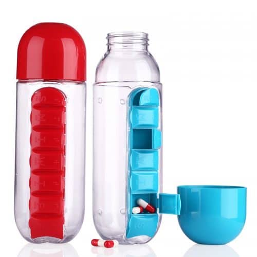Пластиковая бутылка-органайзер для воды с таблетницей-отсеком для таблеток/витамин PillBox (600 мл)