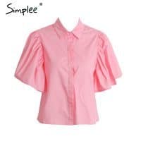 Розовая женская рубашка-блуза с объемными короткими рукавами-бабочками и открытой спиной