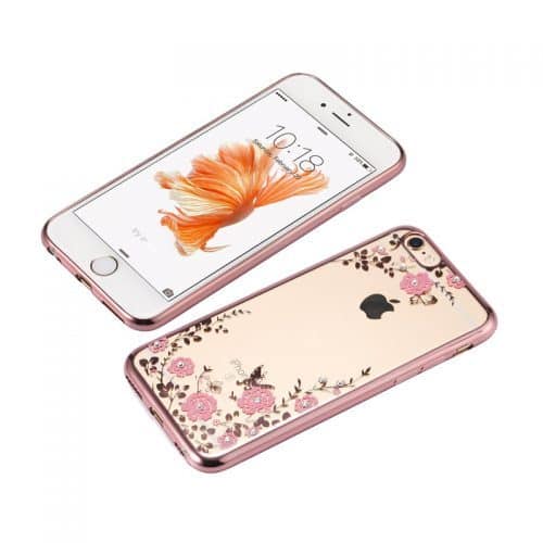Силиконовый прозрачный мягкий чехол-бампер с цветами и стразами на айфон (iPhone) 5, 6, 7