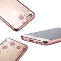 Силиконовый прозрачный мягкий чехол-бампер с цветами и стразами на айфон (iPhone) 5, 6, 7