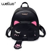 Женский детский небольшой черный/белый рюкзак в виде кошки с лапками на 20 л из искусственной кожи