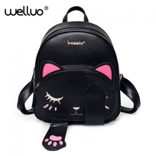 Женский детский небольшой черный/белый рюкзак в виде кошки с лапками на 20 л из искусственной кожи