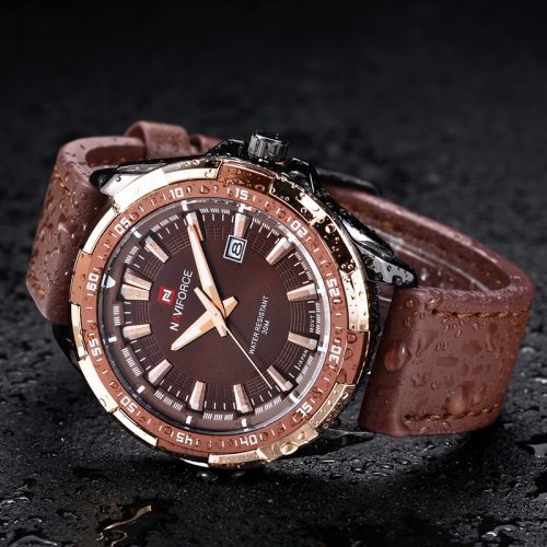 NAVIFORCE Мужские наручные кварцевые водонепроницаемые черные и коричневые часы с аналоговым дисплеем и кожаным ремешком