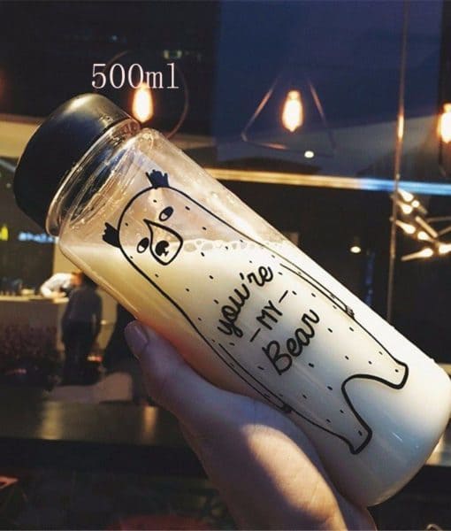 Пластиковая маленькая герметичная творческая прозрачная бутылка для воды с мишкой и надписями 350/500 мл