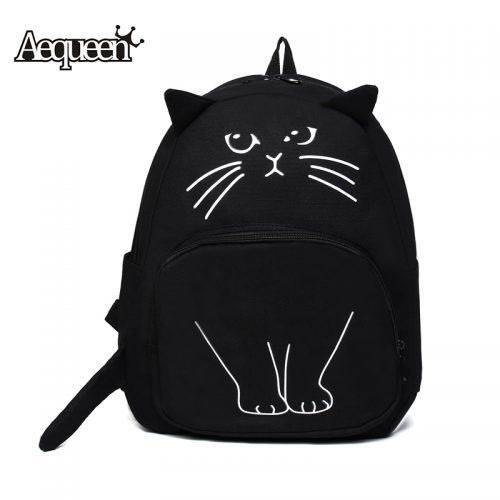 Рюкзак женский тканевый школьный молодежный с изображением кота и ушками