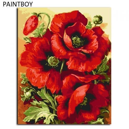 Картина-раскраска по номерам на холсте акриловыми красками Красные цветы/Маки
