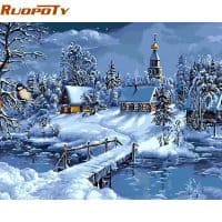 Картина-раскраска по номерам на холсте акриловыми красками Зимний пейзаж