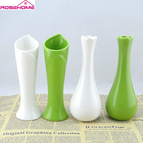 Керамическая декоративная белая и зеленая ваза с узким горлышком для цветов (высота 18 см)