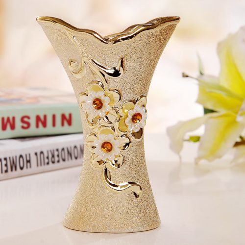 Керамическая позолоченная красивая маленькая ваза с рисунком для цветов (высота 15 см)