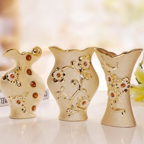 Керамическая позолоченная красивая маленькая ваза с рисунком для цветов (высота 15 см)