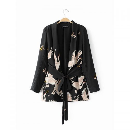 Черный жакет кимоно с поясом и изображением птиц (реплика Зара/Zara)