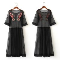 Черное прозрачное платье-сетка из тюля с цветочной вышивкой до щиколотки (реплика Зара/Zara)