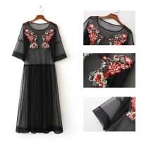 Черное прозрачное платье-сетка из тюля с цветочной вышивкой до щиколотки (реплика Зара/Zara)