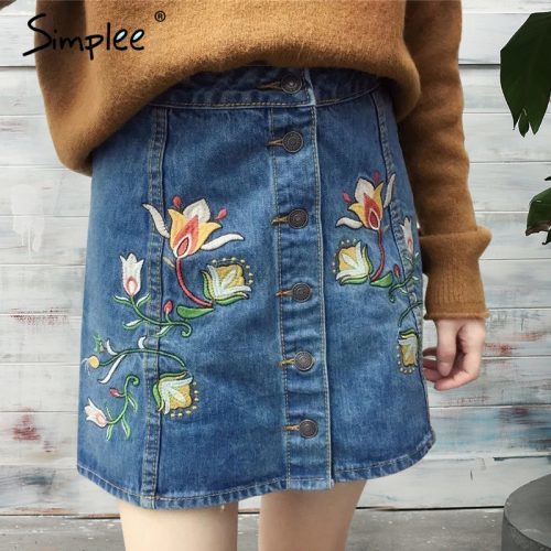 Женская синяя джинсовая мини юбка на пуговицах с цветочной вышивкой