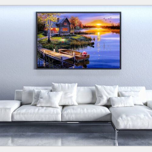 Дешевая алмазная вышивка (мозаика) картина стразами Пейзаж, закат, дом, озеро в наборе