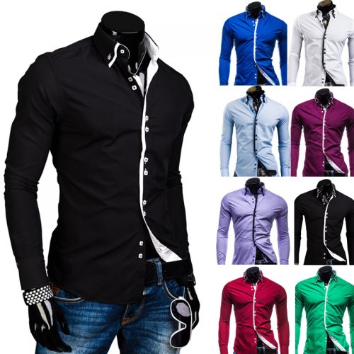Мужская однотонная классическая приталенная рубашка с длинными рукавами (7 цветов)