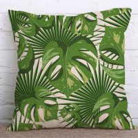 Декоративные льняные зеленые наволочки на подушки 45х45 см с изображением тропических растений