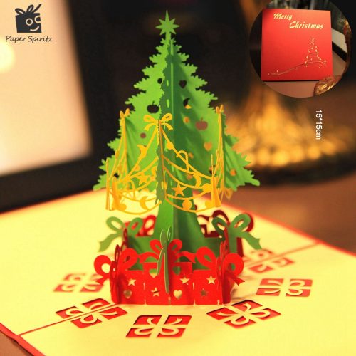 Новогодняя красная 3D открытка с елкой внутри