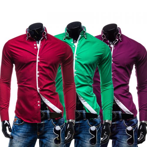 Мужская однотонная классическая приталенная рубашка с длинными рукавами (7 цветов)
