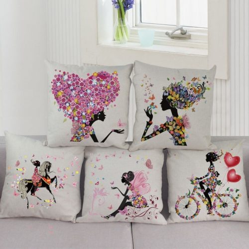 Декоративные льняные яркие наволочки на подушки 45х45 см с изображением цветов, девушки и бабочек