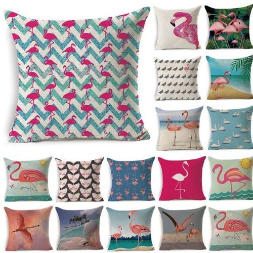 Декоративные льняные яркие наволочки на подушки 45х45 см с изображением фламинго