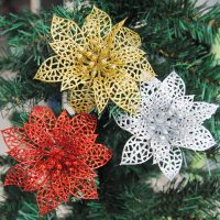 Новогоднее елочное украшение Блестящие пластиковые цветы 15 см/10 шт.