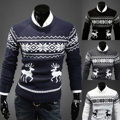 Мужской новогодний свитер пуловер с оленями и рождественским узором (синий, серый, белый)