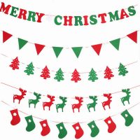 Новогодняя красно-зеленая гирлянда баннер (Merry Christmas, флажки, олени, носки)