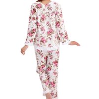 Ночная женская хлопковая пижама с брюками и длинным рукавом, с цветочным принтом