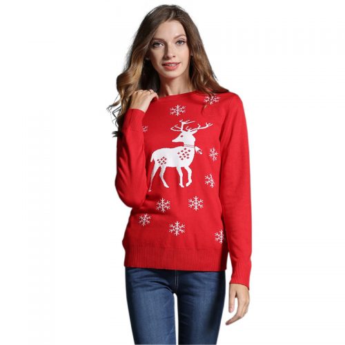 Женский новогодний красный или синий свитер пуловер с оленем или снеговиком