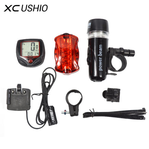 Велосипедный передний фонарик с креплением, стоп-сигнал (задний фонарь) и спидометр для велосипеда в наборе