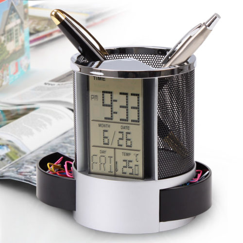 Канцелярская подставка для ручек и карандашей с календарем, часами и термометром