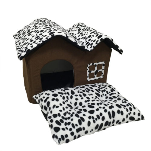 Складной большой коричневый домик-кровать с крышей расцветки Далматинец с подушкой внутри для домашних животных (собак, кошек)