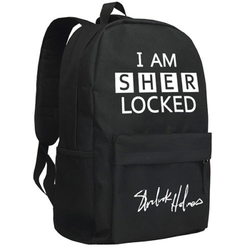 Черный рюкзак с белой надписью I am Sherlocked