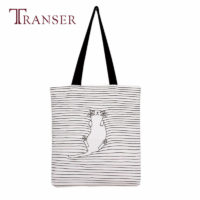 Тканевая многоразовая белая эко-сумка шоппер в полоску с котом для покупок