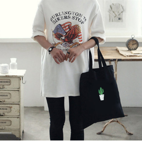 Тканевая хозяйственная черная или белая эко-сумка шоппер с рисунком кактуса на молнии