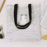 Тканевая многоразовая белая эко-сумка шоппер в полоску с котом для покупок