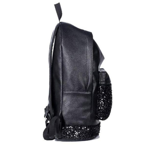 Женский черный школьный кожаный рюкзак с пайетками