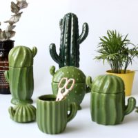 Керамические шкатулка баночки с крышками в виде зеленых кактусов
