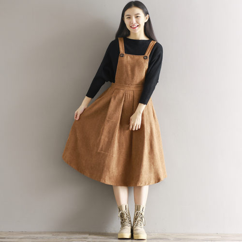 Женский длинный вельветовый осенний коричневый сарафан платье