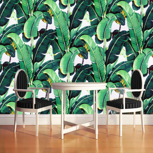 Декоративные обои с рисунком зеленых листьев бананового дерева