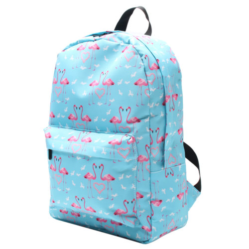 Голубой рюкзак с розовыми фламинго для девочек (в комплекте также косметичка и сумка для обуви)