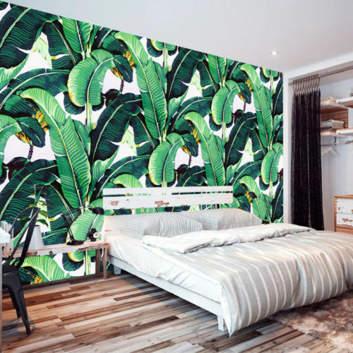 Декоративные обои с рисунком зеленых листьев бананового дерева