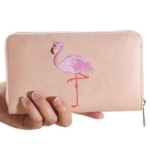 Женский длинный кошелек с вышивкой фламинго