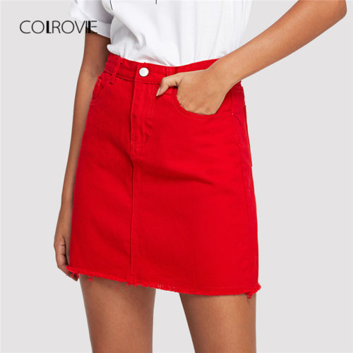 Женская красная джинсовая прямая юбка с карманами