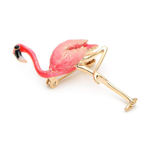 Розовая или голубая металлическая брошь на булавке в виде фламинго